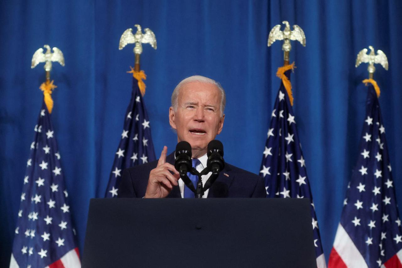 U.S. President Biden speaks during a Democratic National Committee event at the Columbus Club in Washington