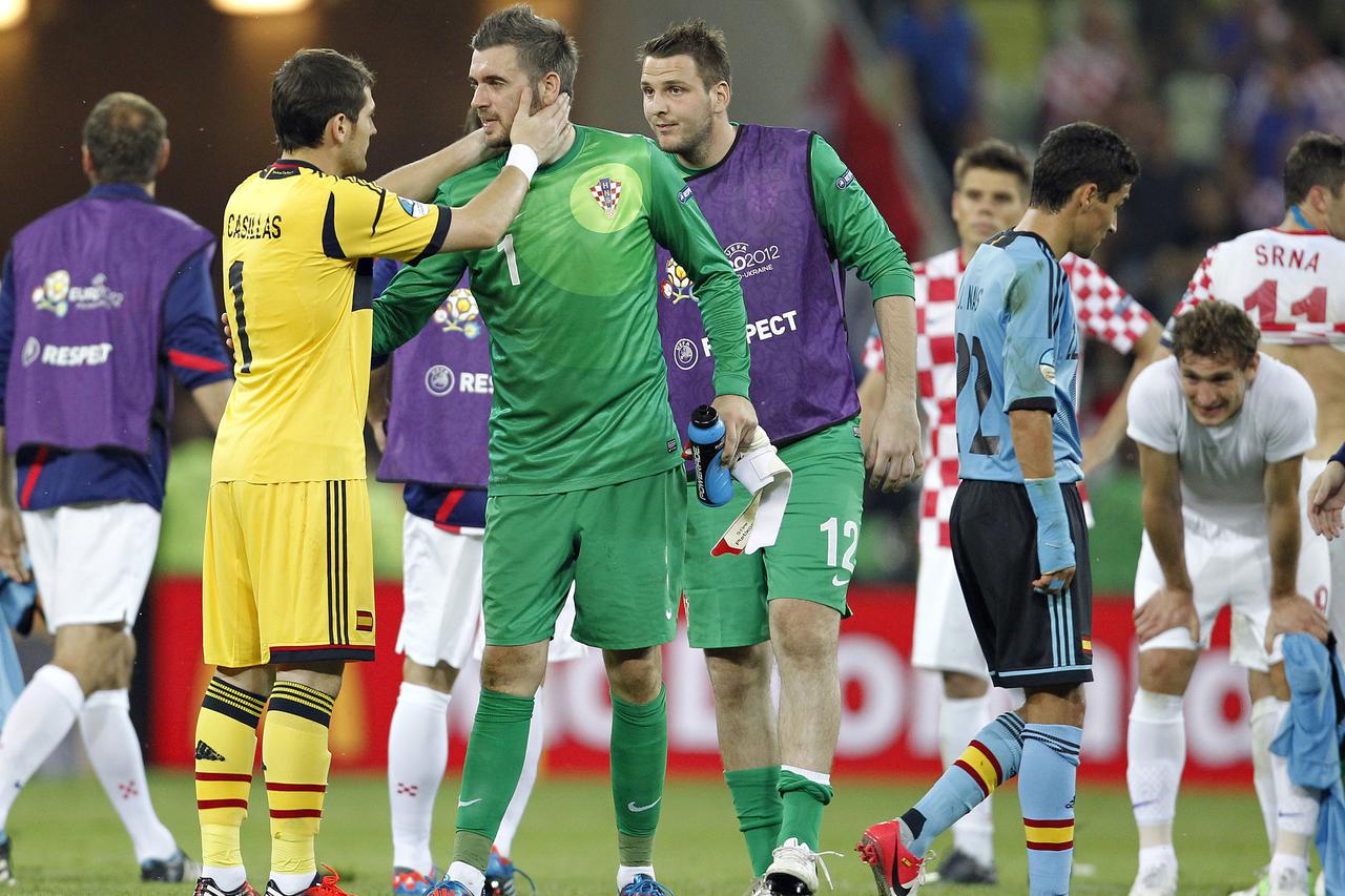 18.06.2012., Gdanjsk, Poljska - Europsko nogometno prvenstvo Euro 2012. Skupina C, Hrvatska - Spanjolska. Stipe Pletikosa, Iker Casillas, Ivan Kelava Photo: 