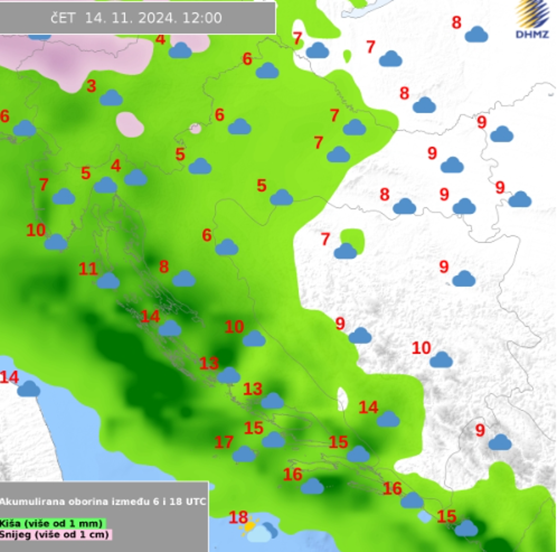 Pogoršanje slijedi u četvrtak. Na sedmodnevnoj karti DHMZ-a, vidi se da stižu oborine te da će zahvatiti veći dio Hrvatske