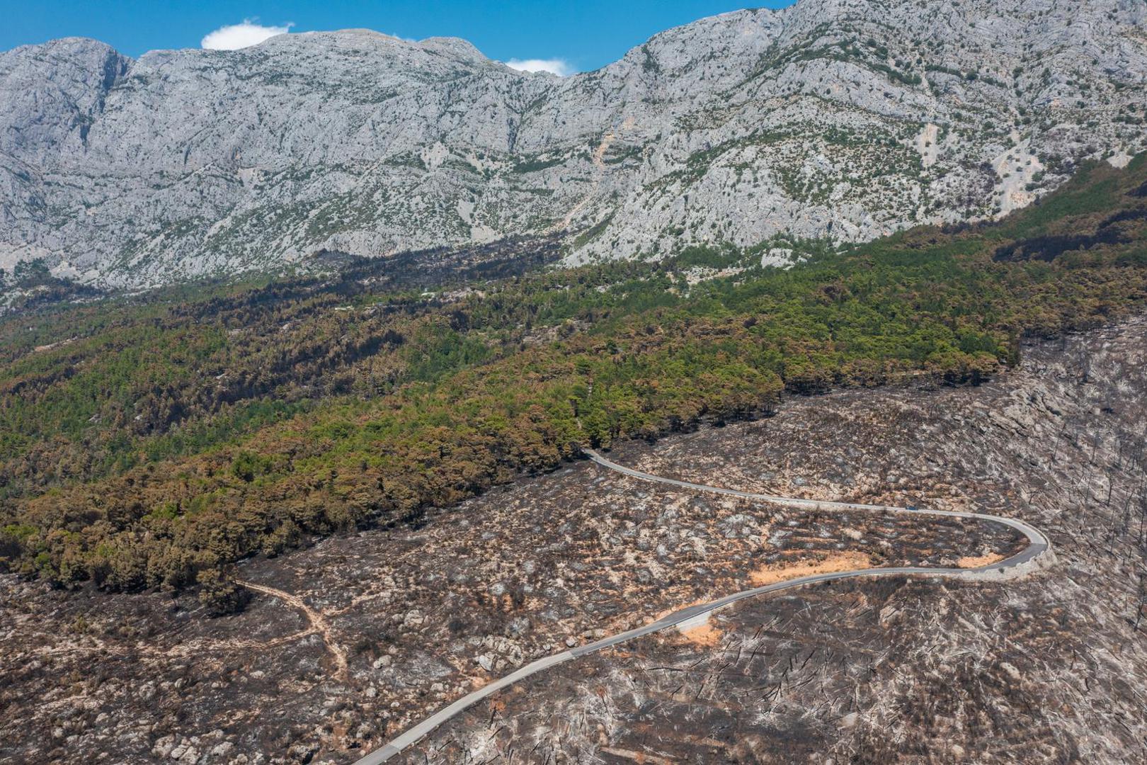 03.08.2024. Gornje Tucepi
Fotografije iz zraka opožarenog podrucja od Tucepi do Gornje Podgore i Parka prirode Biokovo. Photo: Matko Begovic/PIXSELL