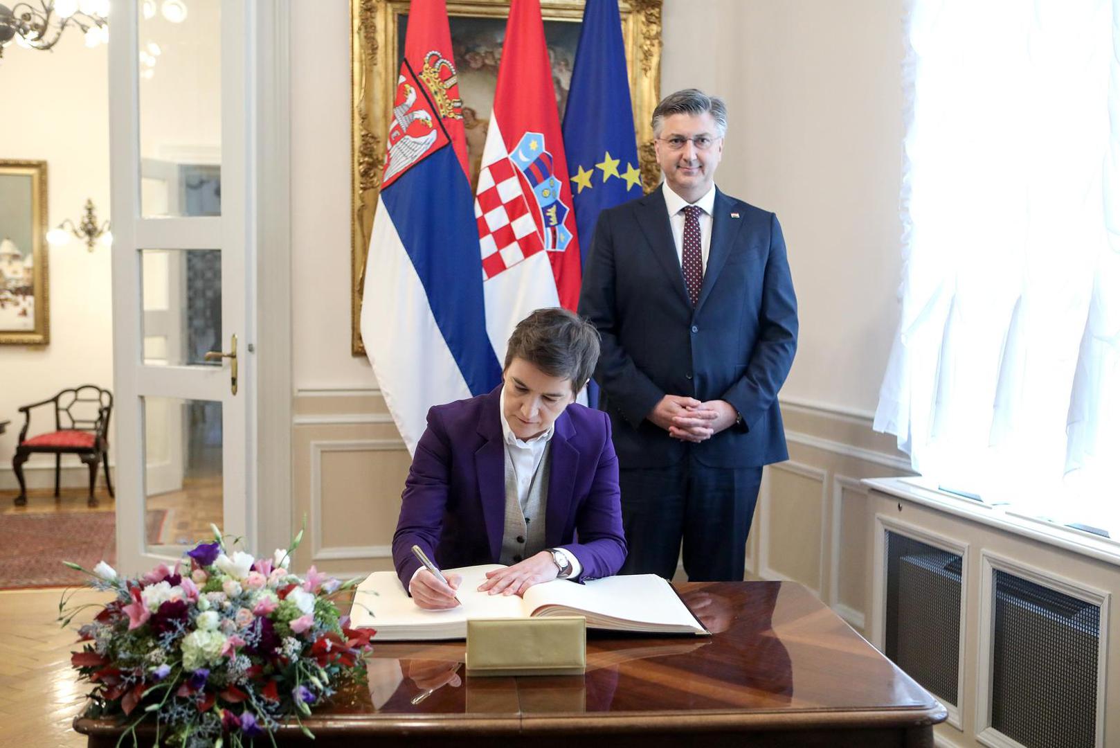 30.04.2023., Zagreb - Predsjednik Vlade Hrvatske Andrej Plenkovic sastao se s predsjednicom Vlade Srbije Anom Brnabic u Banskim dvorima. Photo: Zeljko Hladika/PIXSELL