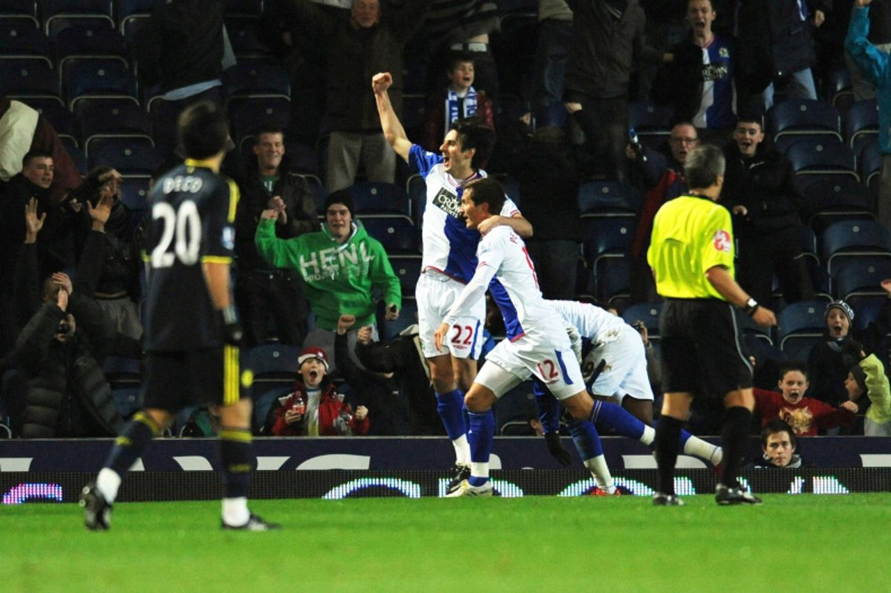 'Blackburn Rovers\' Croatian forward Nikola Kalinic celebrates scoring against Chelsea during their English League Cup football match at Ewood Park in Blackburn, north-west England, on December 2, 200