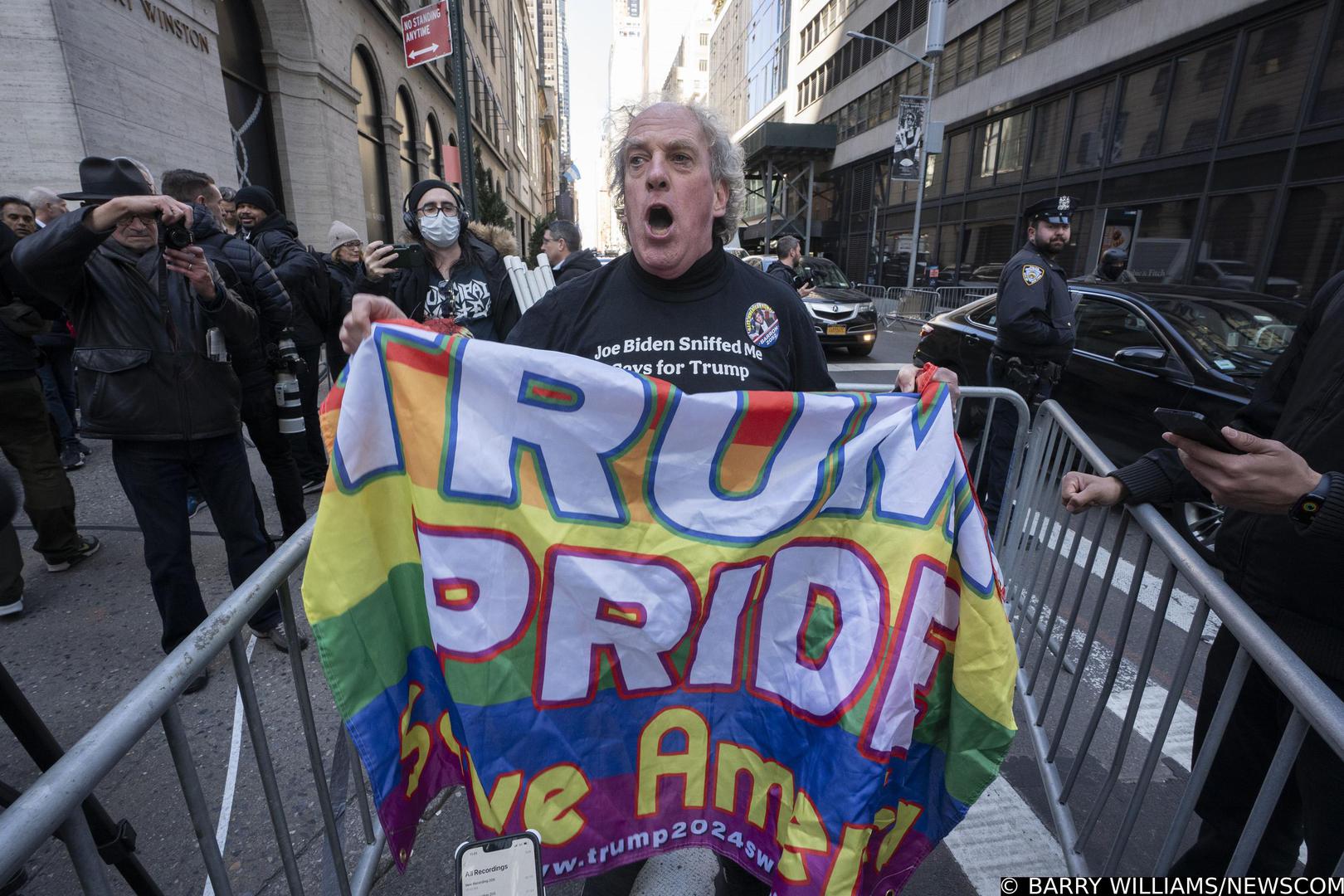 A pro-Trump supporter demonstrates outside Trump Tower on Monday, April, 3, 2023, in Manhattan, New York. (Barry Williams/New York Daily News/TNS) Photo via Newscom Photo: BARRY WILLIAMS/NEWSCOM