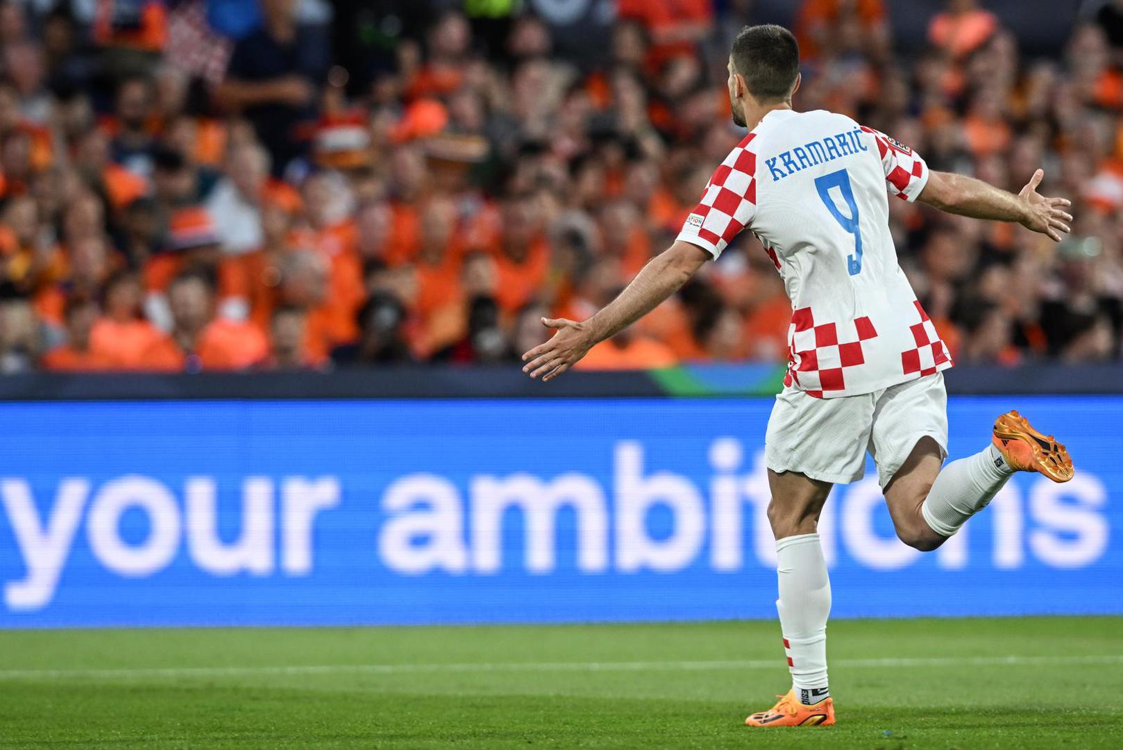 14.06.2023., stadion Feyenoord "De Kuip", Rotterdam, Nizozemska - UEFA Liga Nacija, polufinale, Nizozemska - Hrvatska. Andrej Kramaric slavi pogodak iz kaznenog udarca za 1:1 Photo: Marko Lukunic/PIXSELL