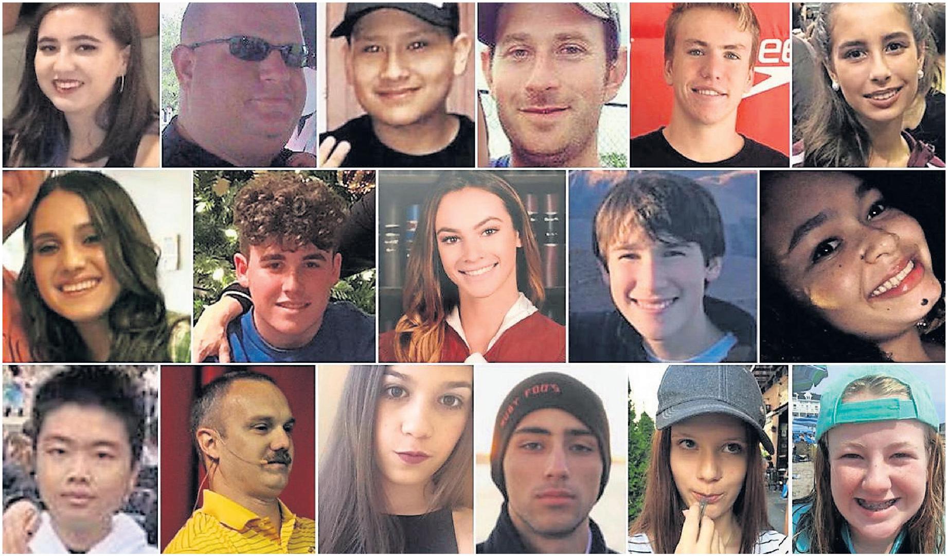 Carmen Schentrup (16), Aaron Feis (37), Martin Duque (14), Scott Beigel (35), Nicholas Dworet (17), Gina Montalto (14), Alyssa Alhadeff (15), Luke Hoyer (15), Meadow Pollack (18), Alex Schachter (14), Helena Ramsey (17), Peter Wang (15), Chris Hixon (49), Jaime Guttenberg (14), Joaquin Oliver (17), Alaina Petty (14), Cara Loughran (14) imena su 17 žrtava