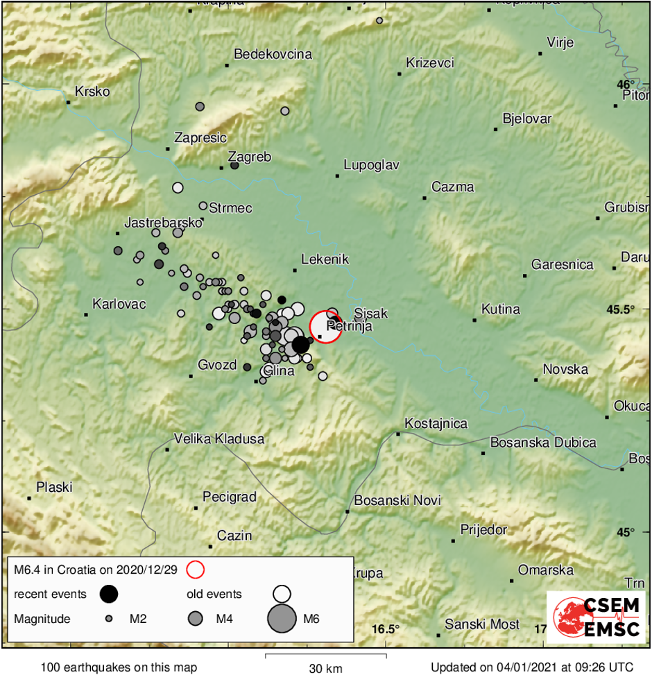 Mjesta potresa magnitude veće od 2 u šest dana nakon glavnog udara