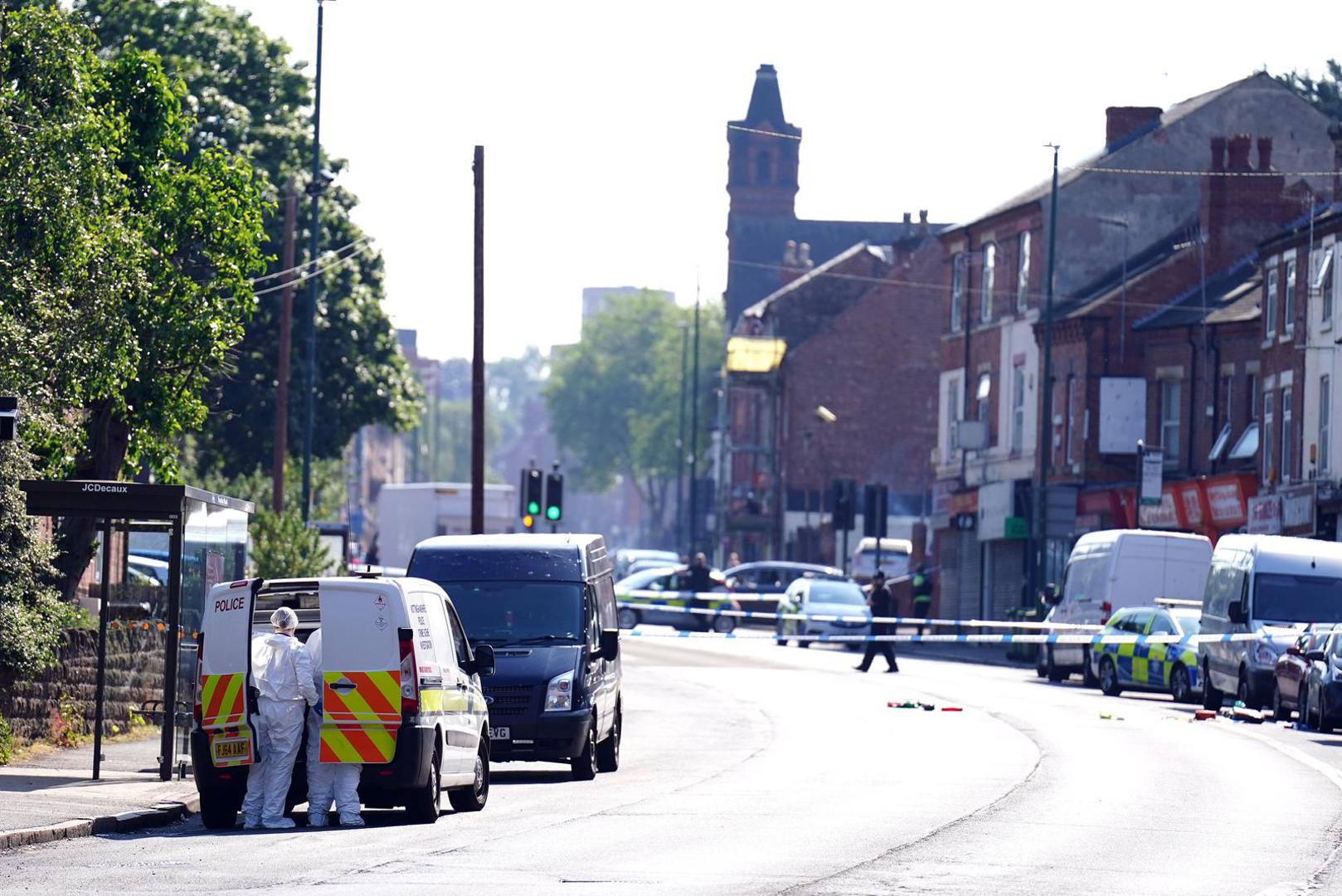 Police forensics officers on Ilkeston Road, Nottingham, as a 31-year-old man has been arrested on suspicion of murder after three people were killed in Nottingham city centre early on Tuesday morning. Picture date: Tuesday June 13, 2023. Photo: Zac Goodwin/PRESS ASSOCIATION