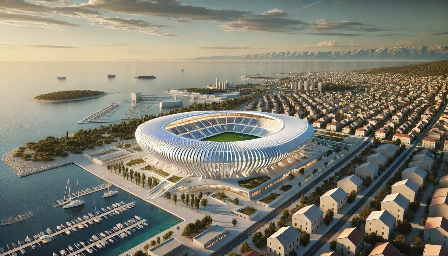 Velebni futuristički stadion u Zadru izgleda spreman za utakmice Lige prvaka, Europskog ili Svjetskog nogometnog prvenstva. Jednostavan, ali upečatljiv dizajn odiše snagom i pouzdanosti.