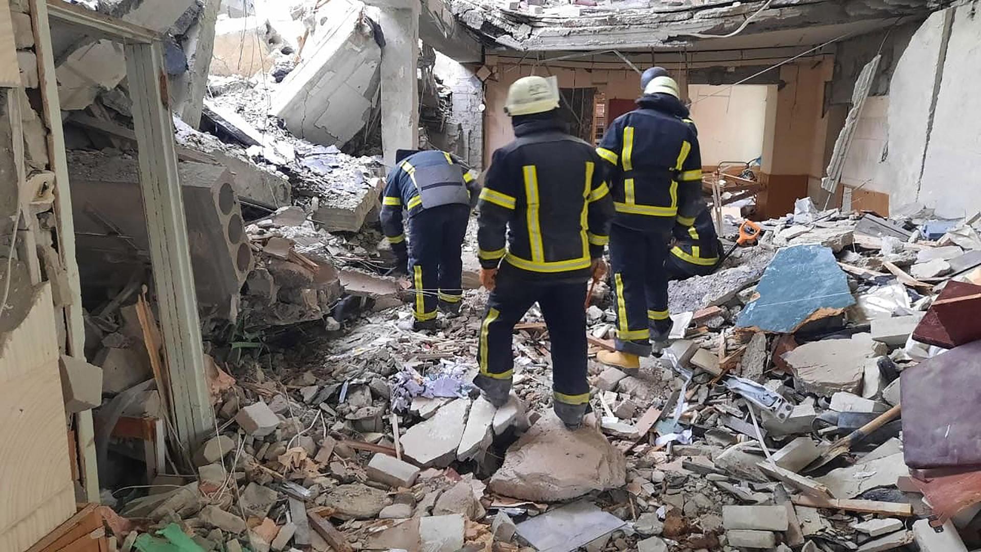 A Ukrainian rescue team inspects damaged residential buildings after Russia shelled the Novobavarsky area in Ukraine on Monday, March 7, 2022.Photo by Ukrainian State Emergency Service/ UPI. Photo via Newscom