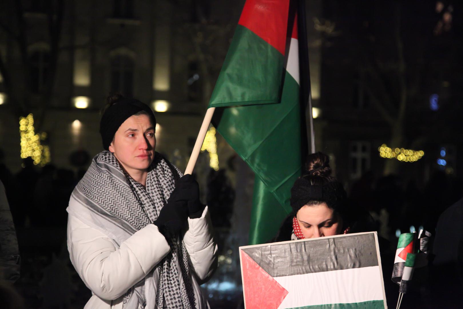 13.1.2024., Trg zrtava fasizma, Zagreb - U sklopu medjunarodnog dana akcije za trajni prekid vatre u Pojasu Gaze, na Trgu zrtava fasizma organiziran je skup pod nazivom “Zivot, sloboda, pravda - mars za Palestinu”. Photo: Luka Batelic/PIXSELL