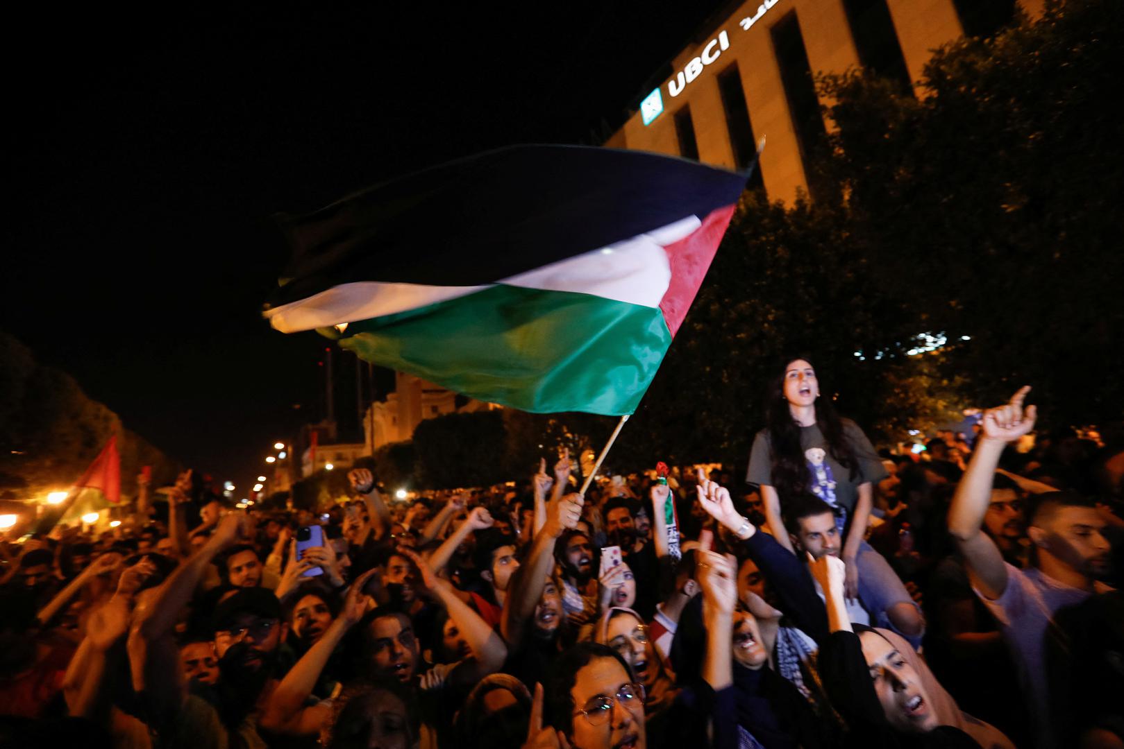 People gather during a protest after hundreds of Palestinians were killed in a blast at Al-Ahli hospital in Gaza that Israeli and Palestinian officials blamed on each other, in front of the French embassy in Tunis, Tunisia  October 17, 2023. REUTERS/Zoubeir Souissi Photo: ZOUBEIR SOUISSI/REUTERS