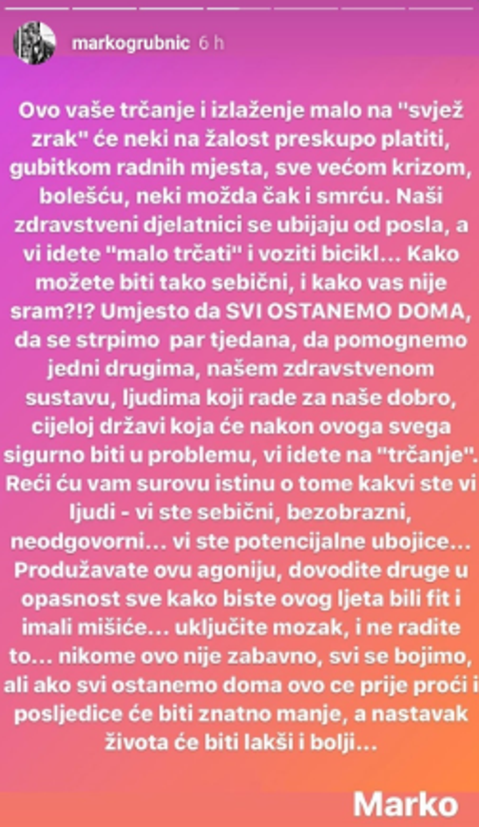 Marko Grubnić prozvao građane koji nisu ostali doma