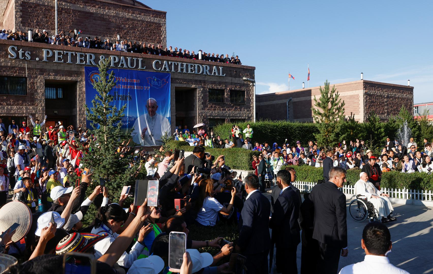 Pope Francis leaves Saints Peter and Paul Cathedral on the day he meets with bishops, priests, missionaries, consecrated persons and pastoral workers at the cathedral, during his Apostolic Journey in Ulaanbaatar, Mongolia September 2, 2023. REUTERS/Carlos Garcia Rawlins Photo: Carlos Garcia Rawlins/REUTERS