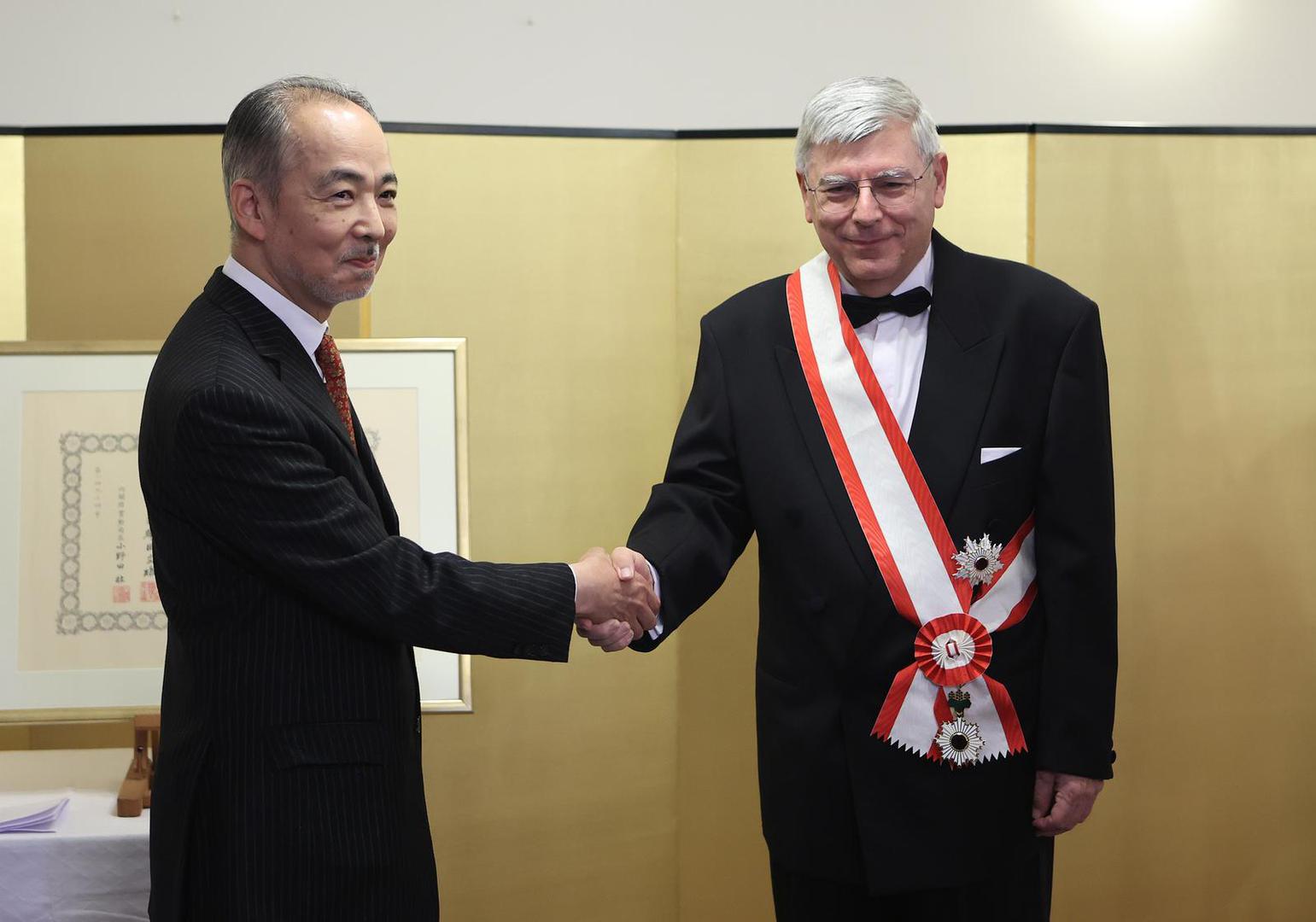 17.04.2023., Zagreb - Potpredsjednik Hrvatskoga sabora akademik Zeljko Reiner prima "Odlicje Reda izlazeceg sunca prve klase s lentom" u rezidenciji japanskog veleposlanika. Photo: Marko Prpic/PIXSELL