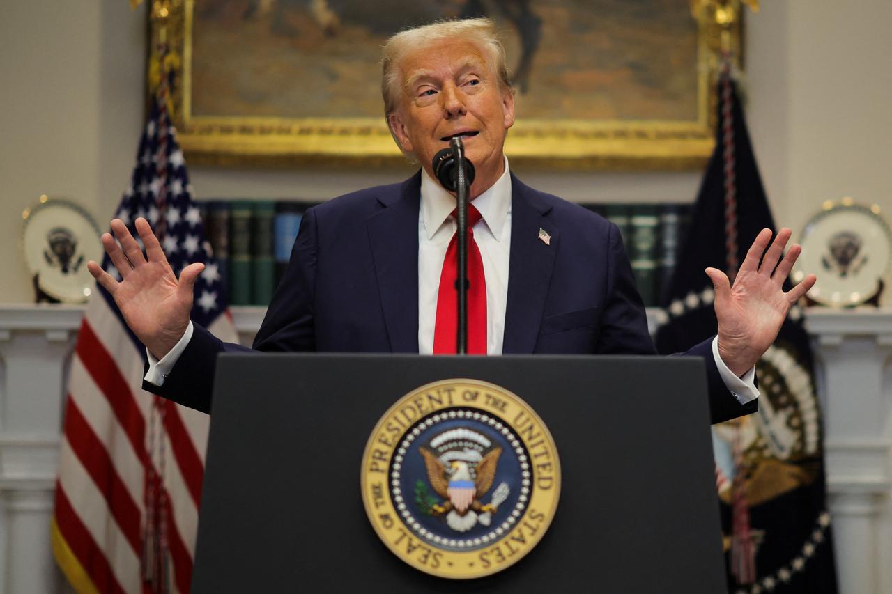 U.S. President Trump delivers remarks on Ai infrastructure at the Roosevelt room at White House in Washington