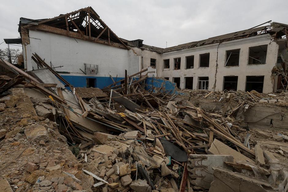 View shows a building of a local school destroyed during a Russian missile attack in the village of Novooleksandrivka, in Kherson region