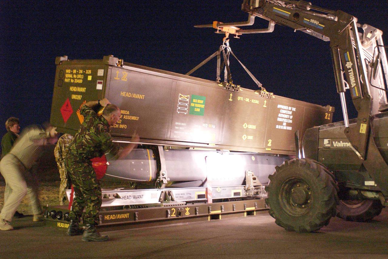 FILE PHOTO: A STORM SHADOW MISSILE IS PREPARED FOR LOADING ON TO AN RAF TORNADO GR4AIRCRAFT