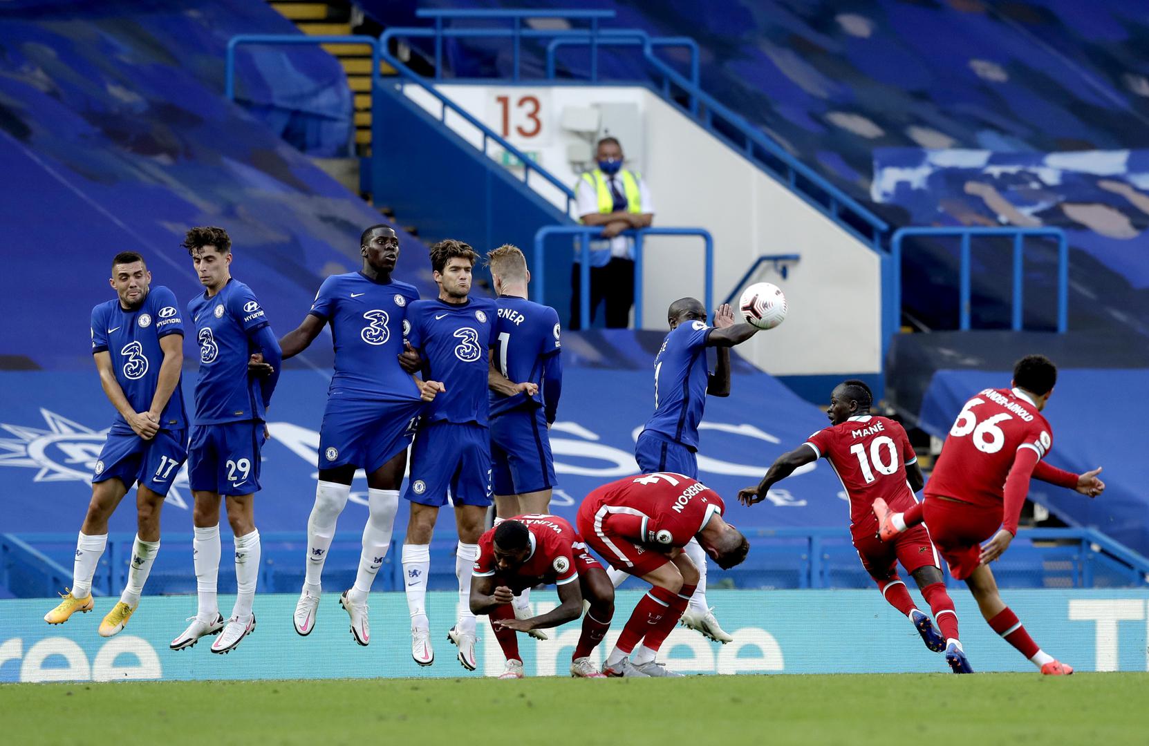 Chelsea v Liverpool - Premier League - Stamford Bridge Liverpool's Trent Alexander-Arnold (right) takes a free kick during the Premier League match at Stamford Bridge, London. Matt Dunham  Photo: PA Images/PIXSELL