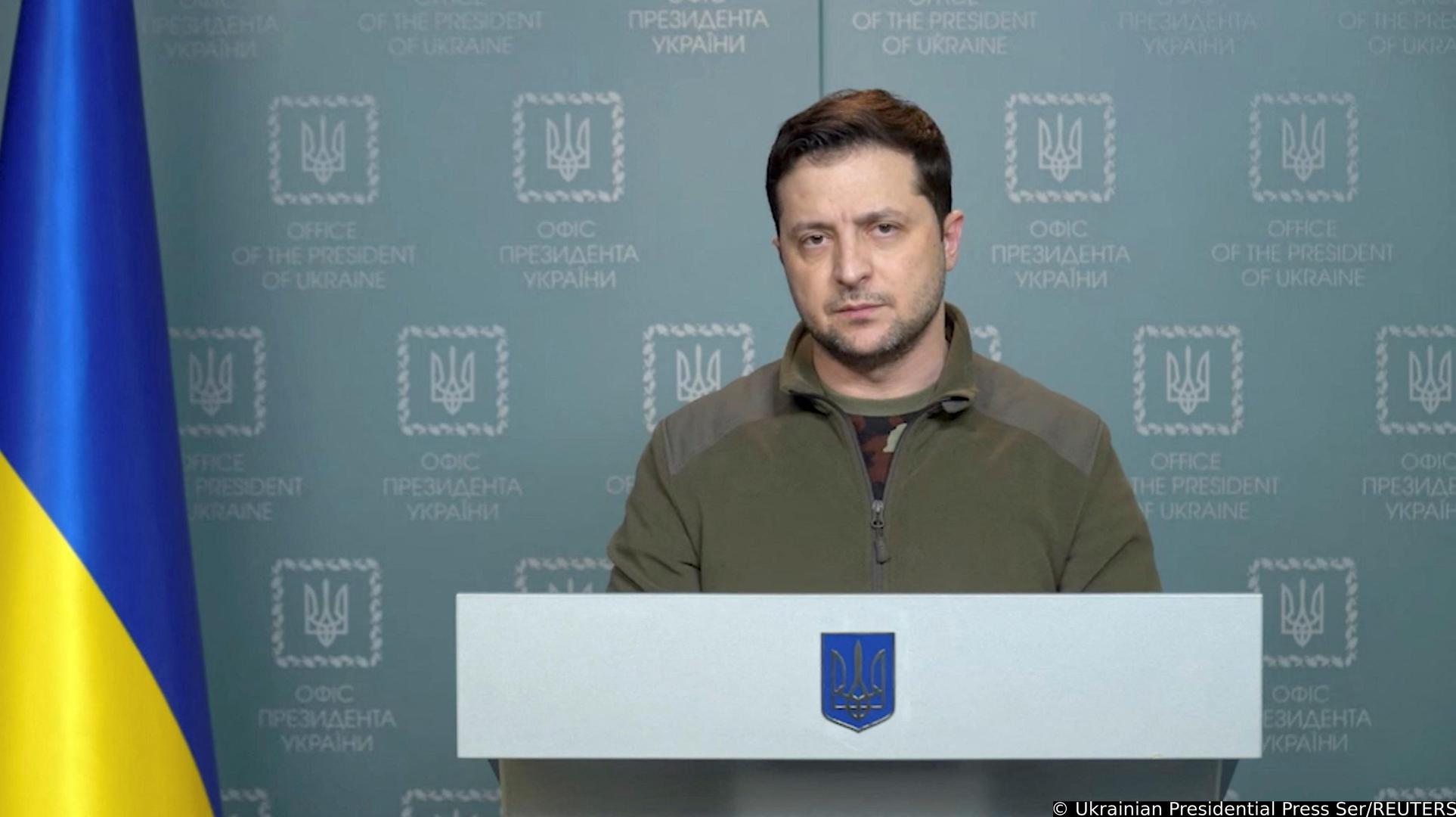 Ukrainian President Volodymyr Zelenskiy makes a statement in Kyiv, in Ukraine, February 28, 2022, in this still image taken from a handout video. Ukrainian Presidential Press Service/Handout via REUTERS THIS IMAGE HAS BEEN SUPPLIED BY A THIRD PARTY Photo: Ukrainian Presidential Press Ser/REUTERS