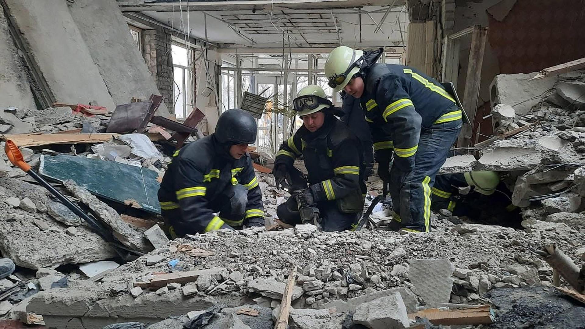 A Ukrainian rescue team inspects damaged residential buildings after Russia shelled the Novobavarsky area in Ukraine on Monday, March 7, 2022. Photo by Ukrainian State Emergency Service/ UPI. Photo via Newscom