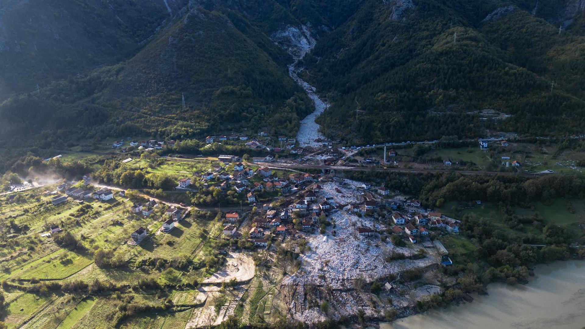 07.10.2024., Jablanica - Pogled iz zraka na mjesto Donje Jablanica i kamenolom iz kojeg je krenula lavina kamenja zajedno s bujicom. Photo: Denis Kapetanovic/PIXSELL