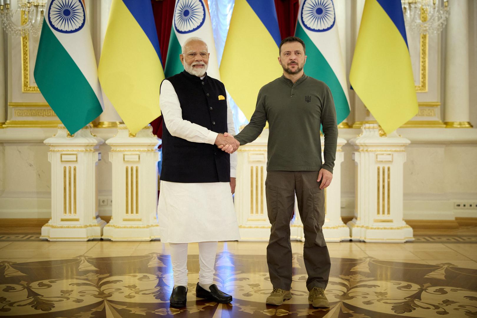 Ukraine's President Volodymyr Zelenskiy and India's Prime Minister Narendra Modi shake hands before their meeting, amid Russia's attack on Ukraine, in Kyiv, Ukraine August 23, 2024. Ukrainian Presidential Press Service/Handout via REUTERS ATTENTION EDITORS - THIS IMAGE HAS BEEN SUPPLIED BY A THIRD PARTY. Photo: Ukrainian Presidential Press Ser/REUTERS