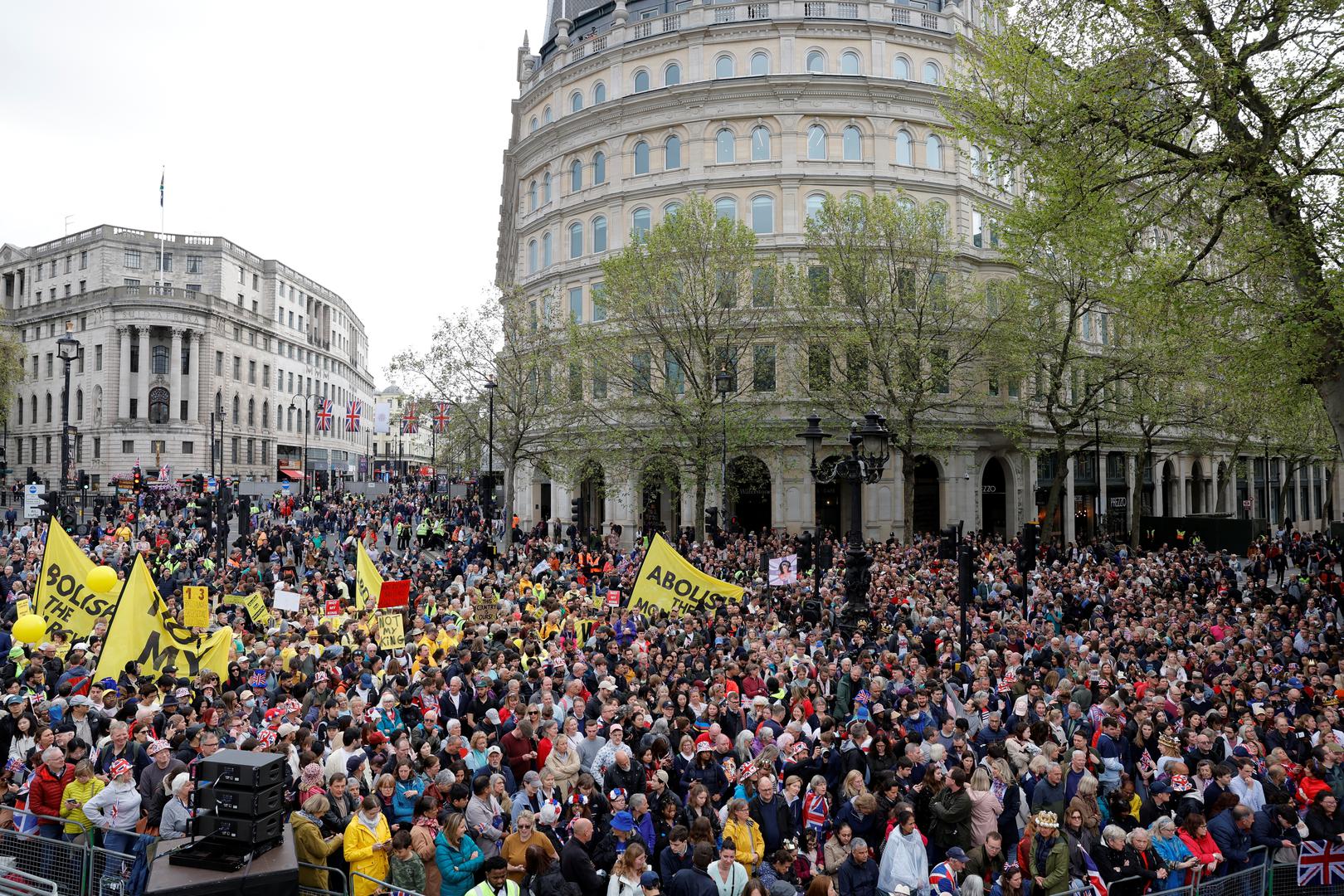 Spectators and protesters gather near Trafalgar Square in London ahead of the coronation of King Charles III and Queen Camilla on Saturday. Picture date: Friday May 5, 2023. Photo: Piroschka van de Wouw/PRESS ASSOCIATION