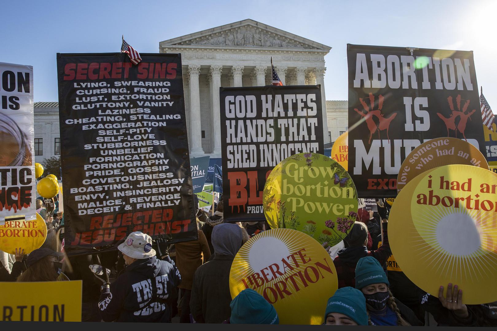 Protesters gather at the Supreme Court in Washington, D.C. on Wednesday, December 1, 2021. The court heard today the case Dobbs v. Jackson Women's Health Organization on the Mississippi law that bans nearly all abortions after 15 weeks. It is expected to be a direct challenge to the 1973 decision to  Roe v. Wade landmark case.    Photo by Tasos Katopodis/UPI . Photo via Newscom