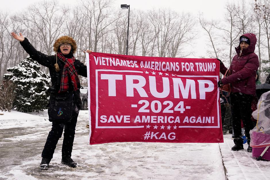 Former U.S. President and Republican presidential candidate Donald Trump holds a rally ahead of the New Hampshire primary election, in Atkinson