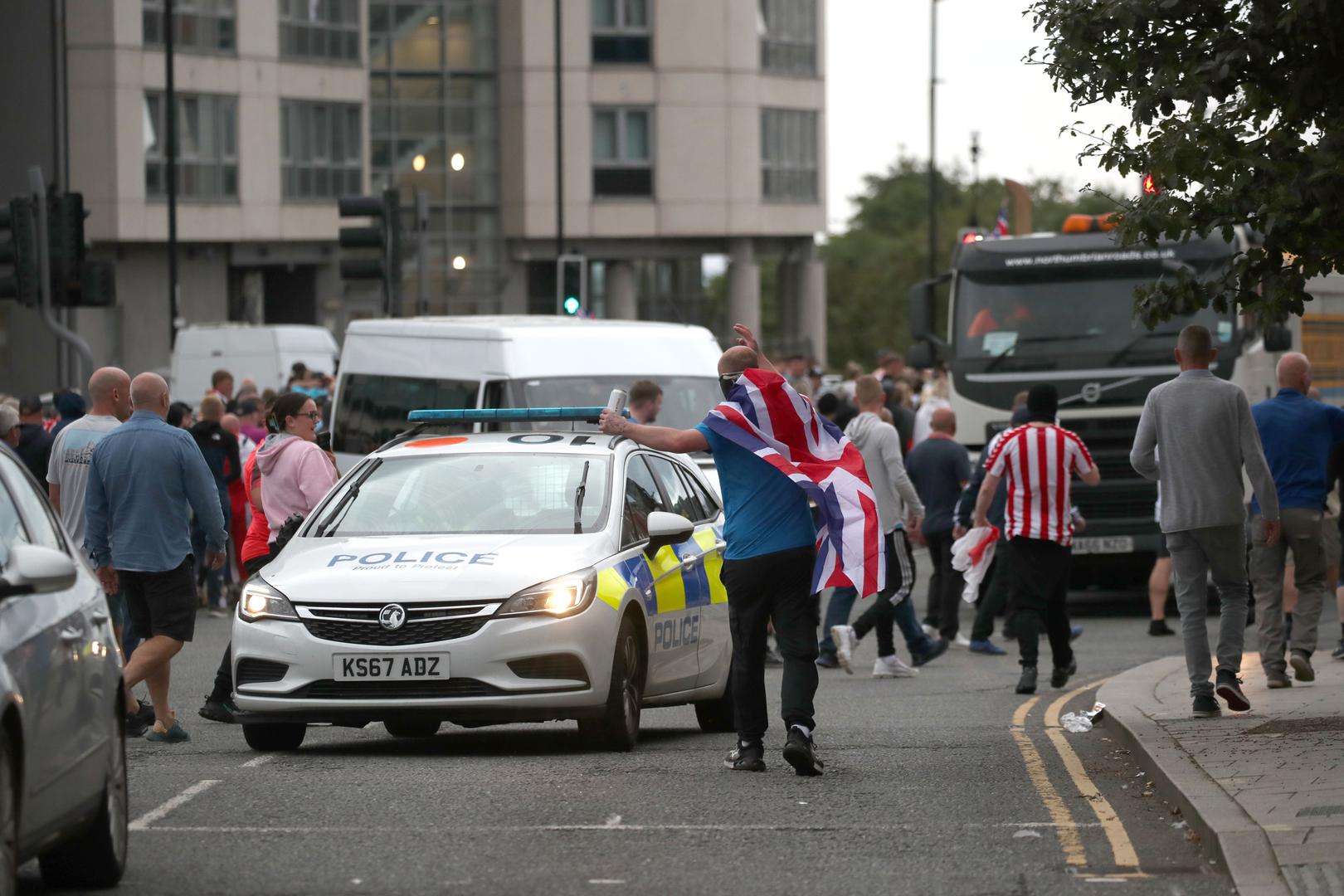 People protest in Sunderland city centre following the stabbing attacks on Monday in Southport, in which three young children were killed. Axel Rudakubana, 17, has been remanded into a youth detention accommodation, charged with three counts of murder, 10 counts of attempted murder and possession of a bladed article, following a knife attack at a Taylor Swift-themed holiday club. Picture date: Friday August 2, 2024. Photo: Scott Heppell/PRESS ASSOCIATION