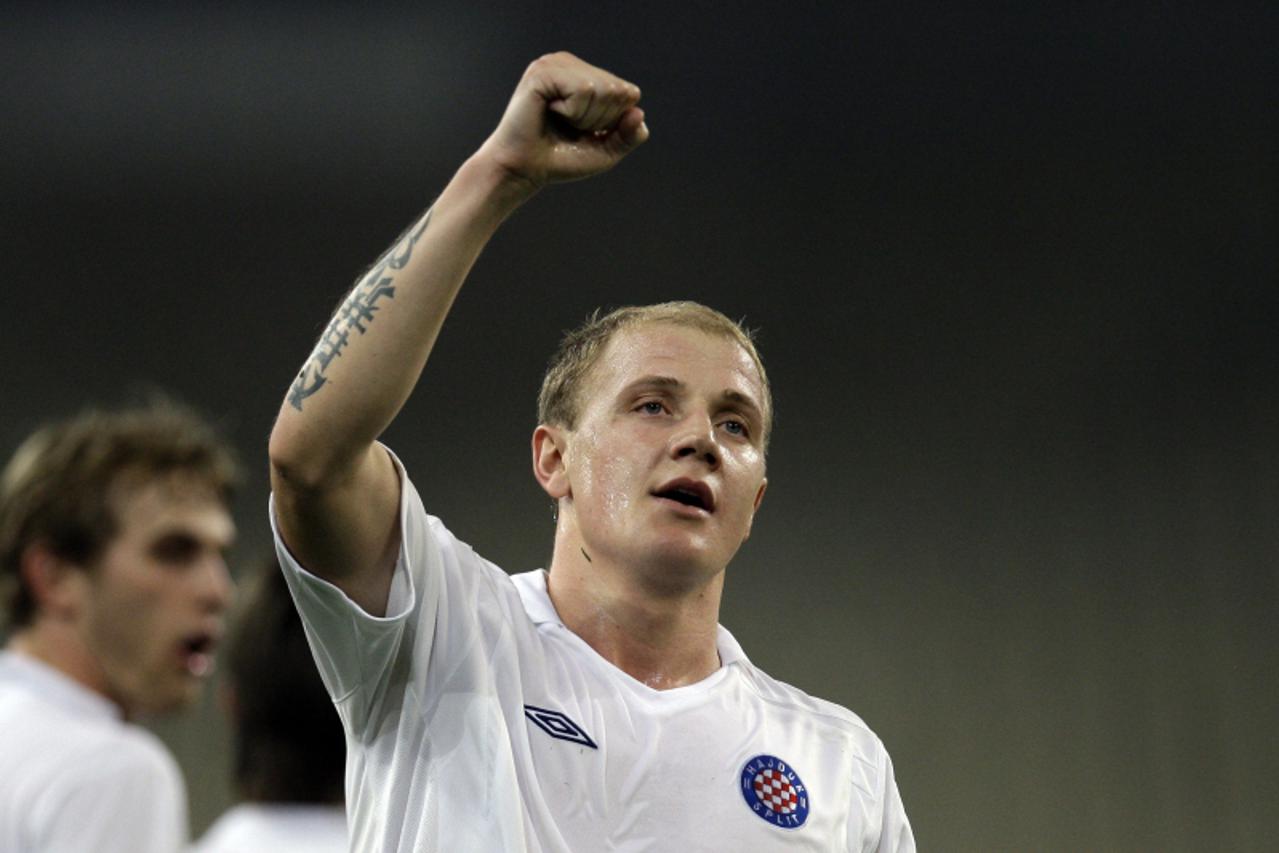 'HNK Hajduk Split Senijad Ibricic celebrates after scoring a penalty goal during the UEFA Europa League football match AEK Athens vs HNK Hajduk at the Olympic stadium in Athens on September 16, 2010. 