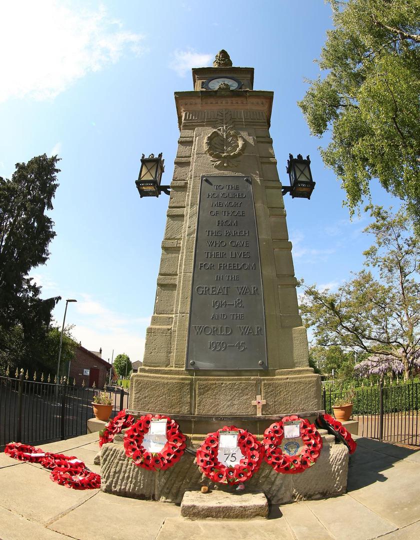 VE Day 75th Anniversary Wreaths lay alongside the War Memorial in Central Park Syston, Leicestershire Nigel French  Photo: PA Images/PIXSELL