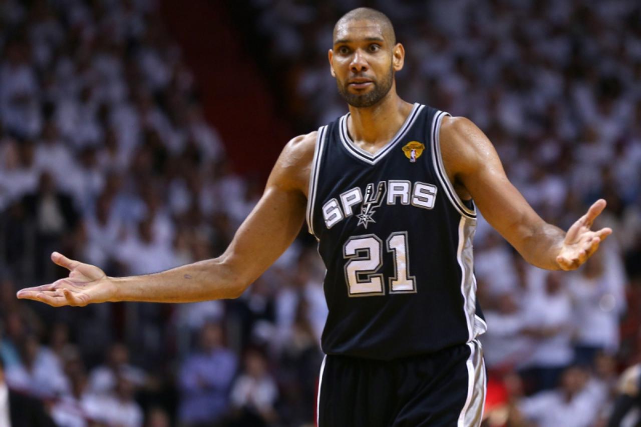 'MIAMI, FL - JUNE 06:  Tim Duncan #21 of the San Antonio Spurs reacts after picking up his third foul in the third quarter against the Miami Heat during Game One of the 2013 NBA Finals at AmericanAirl