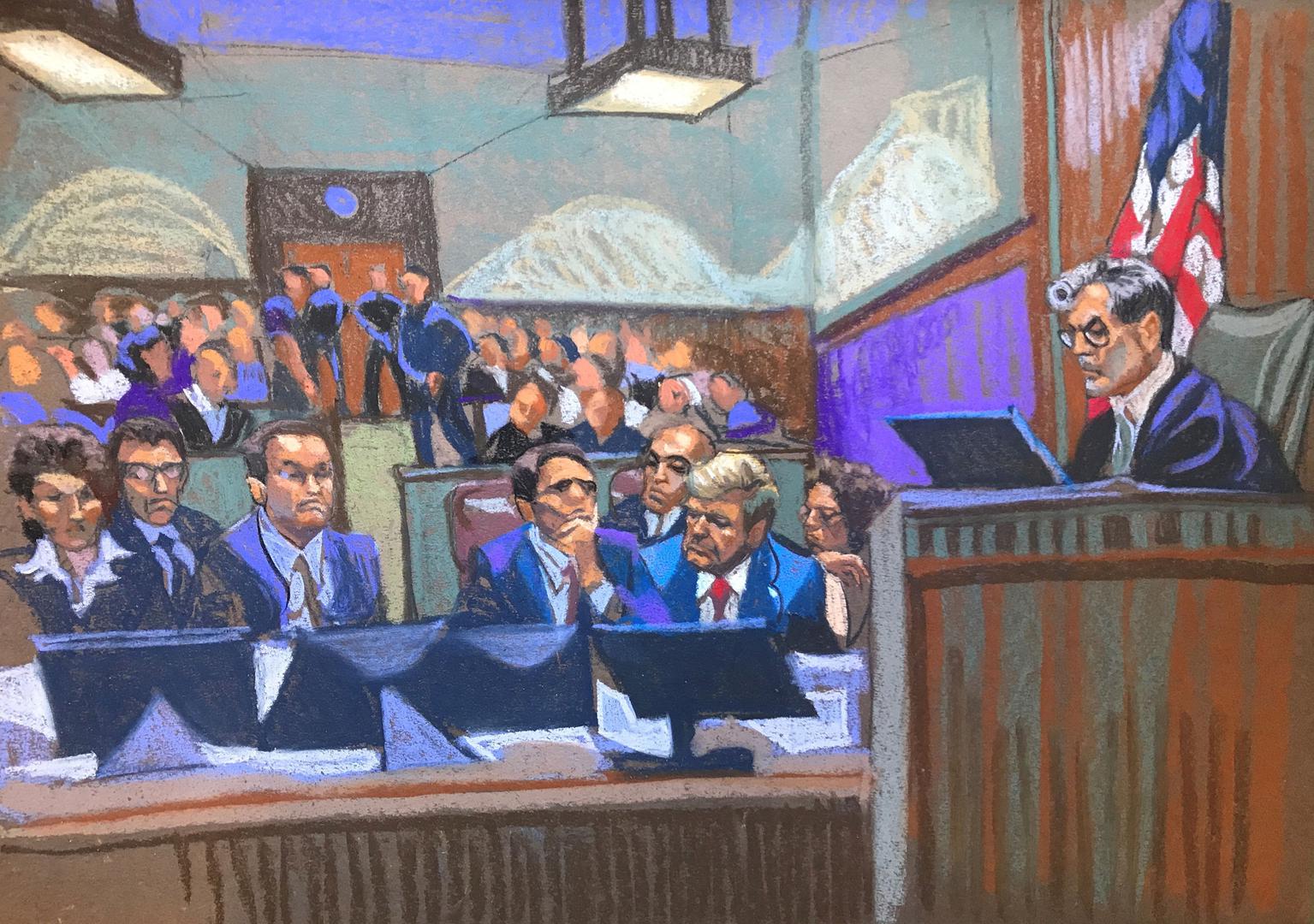 Former U.S. President Donald Trump sits with his attorneys as Judge Juan Merchan oversees the proceedings at Manhattan Criminal Court in New York, April 15, 2024 in this courtroom sketch. Christine Cornell/Pool via REUTERS Photo: CHRISTINE CORNELL/REUTERS