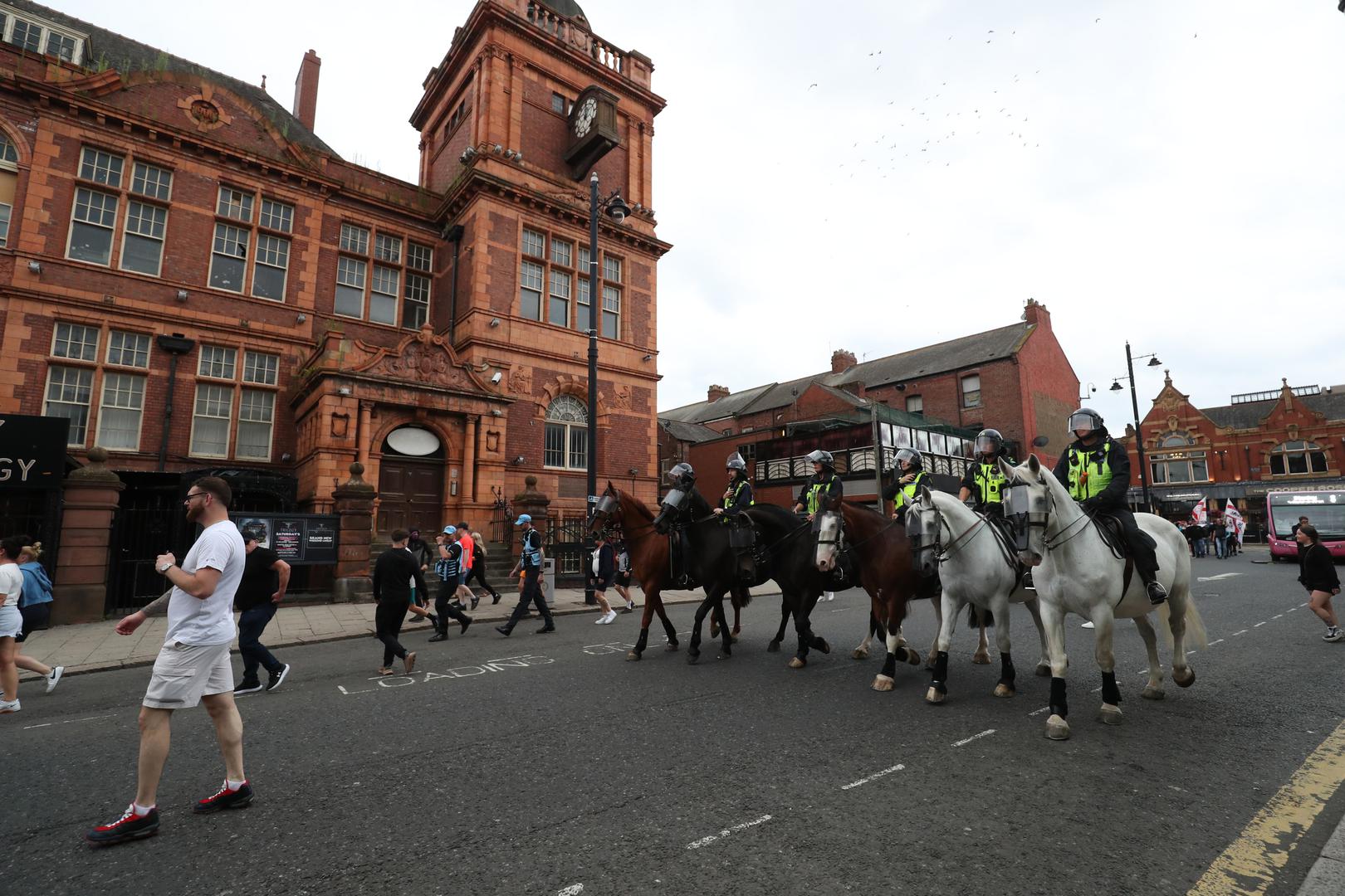 Mounted officers follow people protesting in Sunderland city centre following the stabbing attacks on Monday in Southport, in which three young children were killed. Axel Rudakubana, 17, has been remanded into a youth detention accommodation, charged with three counts of murder, 10 counts of attempted murder and possession of a bladed article, following a knife attack at a Taylor Swift-themed holiday club. Picture date: Friday August 2, 2024. Photo: Scott Heppell/PRESS ASSOCIATION