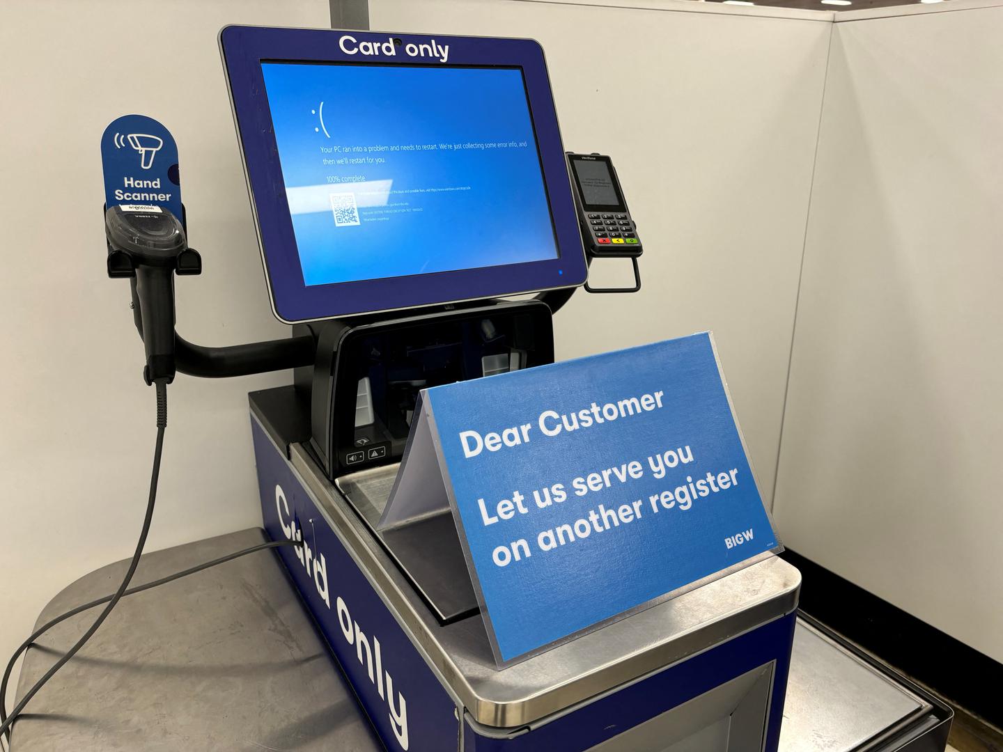 A blue error screen on a register is seen at a departmental store affected by a cyber outage in Brisbane, Australia, July 19, 2024. AAP Image/Jono Searle via REUTERS  ATTENTION EDITORS - THIS IMAGE WAS PROVIDED BY A THIRD PARTY. NO RESALES. NO ARCHIVE. NEW ZEALAND OUT. AUSTRALIA OUT. NO COMMERCIAL OR EDITORIAL SALES IN NEW ZEALAND AND AUSTRALIA. Photo: aap/REUTERS