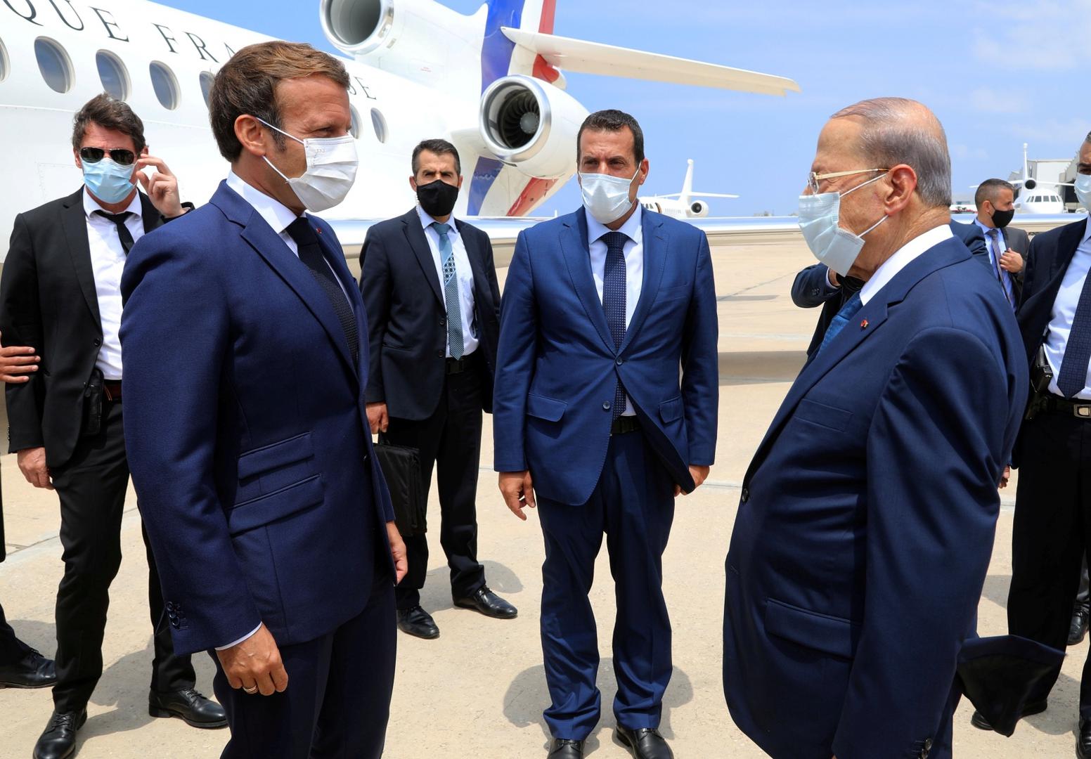 Lebanon's President Michel Aoun welcomes French President Emmanuel Macron upon his arrival at the airport in Beirut Lebanon's President Michel Aoun welcomes French President Emmanuel Macron upon his arrival at the airport in Beirut, Lebanon August 6, 2020. Dalati Nohra/Handout via REUTERS ATTENTION EDITORS - THIS IMAGE WAS PROVIDED BY A THIRD PARTY DALATI NOHRA