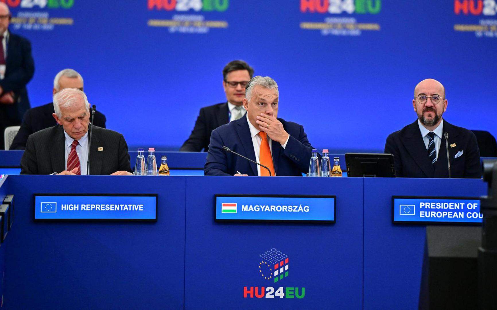 High Representative of the European Union for Foreign Affairs and Security Policy Josep Borrell, Hungarian Prime Minister Viktor Orban and European Council President Charles Michel attend the informal EU Summit at the Puskas Arena, in Budapest, Hungary, November 8, 2024. REUTERS/Marton Monus Photo: MARTON MONUS/REUTERS