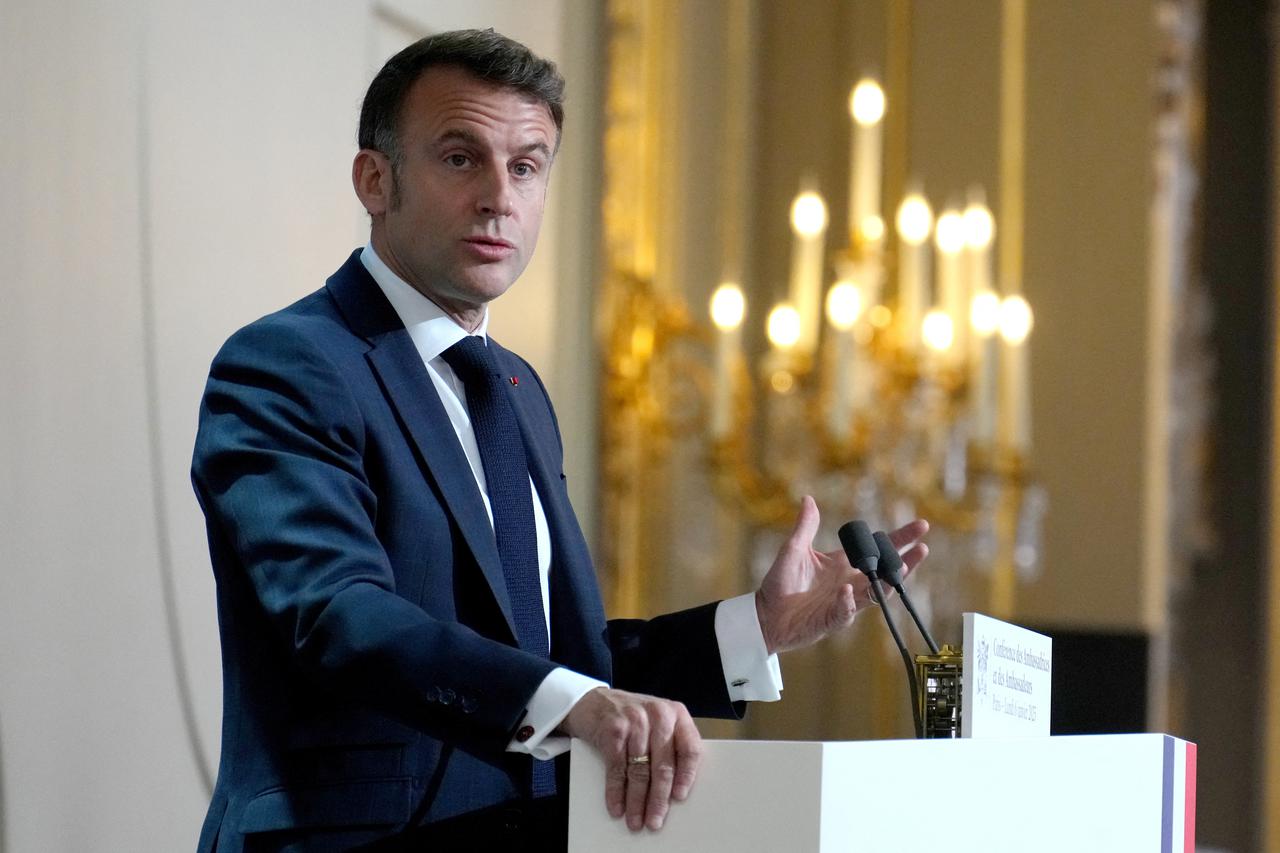 French President Emmanuel Macron delivers his speech, at the Elysee Palace in Paris