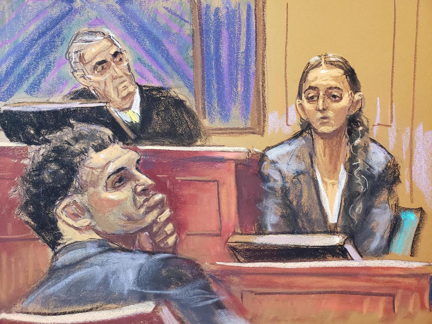 Caroline Ellison is questioned as Sam Bankman-Fried watches during his fraud trial before U.S. District Judge Lewis Kaplan over the collapse of FTX, the bankrupt cryptocurrency exchange, at Federal Court in New York City, U.S., October 11, 2023 in this courtroom sketch. REUTERS/Jane Rosenberg Photo: JANE ROSENBERG/REUTERS