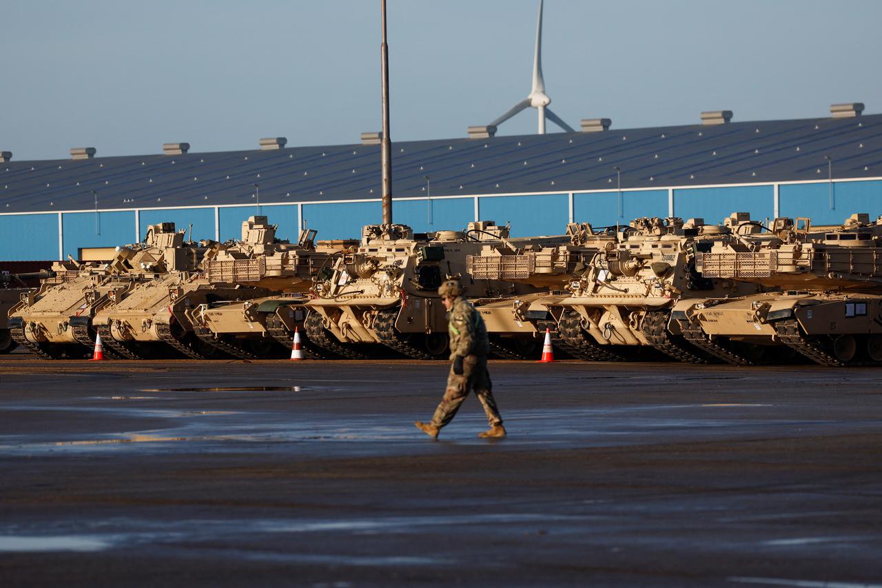 U.S. army vehicles arrive in Europe to reinforce NATO frontier, in Vlissingen