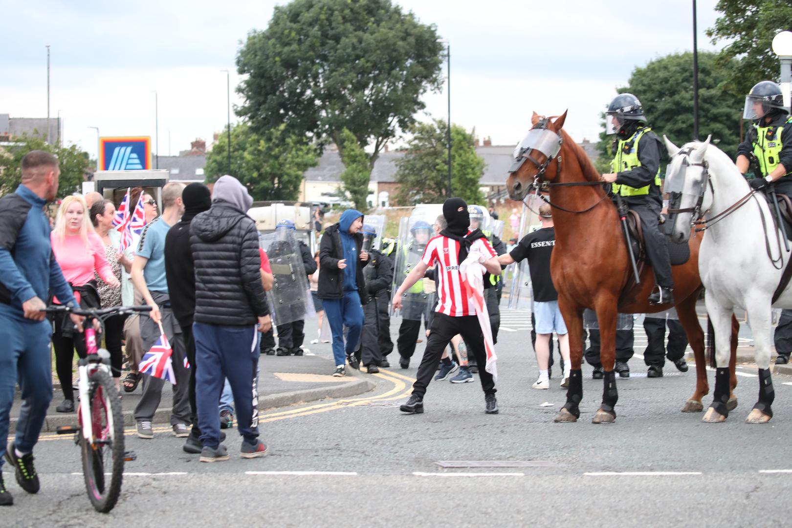 People protest in Sunderland city centre following the stabbing attacks on Monday in Southport, in which three young children were killed. Axel Rudakubana, 17, has been remanded into a youth detention accommodation, charged with three counts of murder, 10 counts of attempted murder and possession of a bladed article, following a knife attack at a Taylor Swift-themed holiday club. Picture date: Friday August 2, 2024. Photo: Scott Heppell/PRESS ASSOCIATION