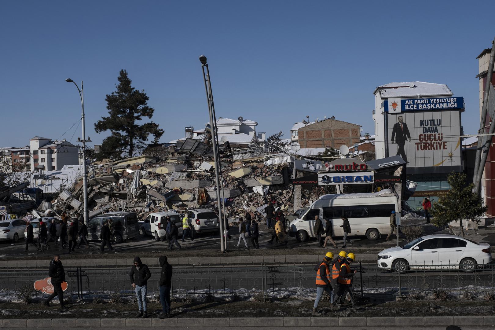 A view of demolished buildings and Recep Tayyip Erdoğan poster in the main street of Malatya. on February 10, 2023. More than 20,000 people are now known to have been killed in Monday's earthquakes in Turkey and Syria, though the UN warns the disaster's full extent is still unclear. Rescuers are still searching rubble for survivors, but hopes are fading more than four days since the first quake. Photo by Tolga Sezgin/NARhotos/ABACAPRESS.COM Photo: Sezgin Tolga/NARphotos/ABACA/ABACA