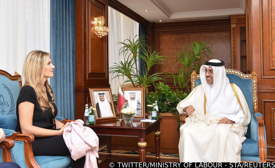 Al Marri, Qatar's minister of labour, meets with Kaili, VP of European Parliament, during a meeting in Qatar