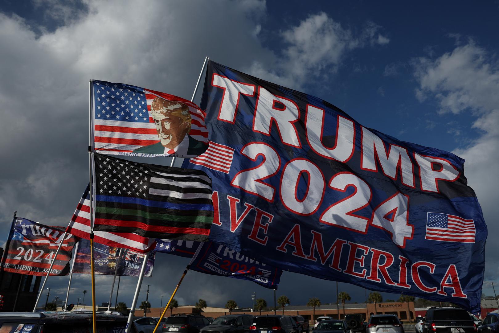 Flags in support of former U.S. President and Republican presidential candidate Donald Trump are pictured outside the venue of his South Carolina Republican presidential primary election night party, in Columbia, South Carolina, U.S. February 24, 2024. REUTERS/Shannon Stapleton Photo: SHANNON STAPLETON/REUTERS