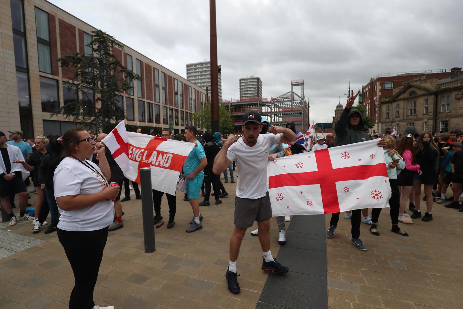 People protest in Sunderland city centre following the stabbing attacks on Monday in Southport, in which three young children were killed. Axel Rudakubana, 17, has been remanded into a youth detention accommodation, charged with three counts of murder, 10 counts of attempted murder and possession of a bladed article, following a knife attack at a Taylor Swift-themed holiday club. Picture date: Friday August 2, 2024. Photo: Scott Heppell/PRESS ASSOCIATION