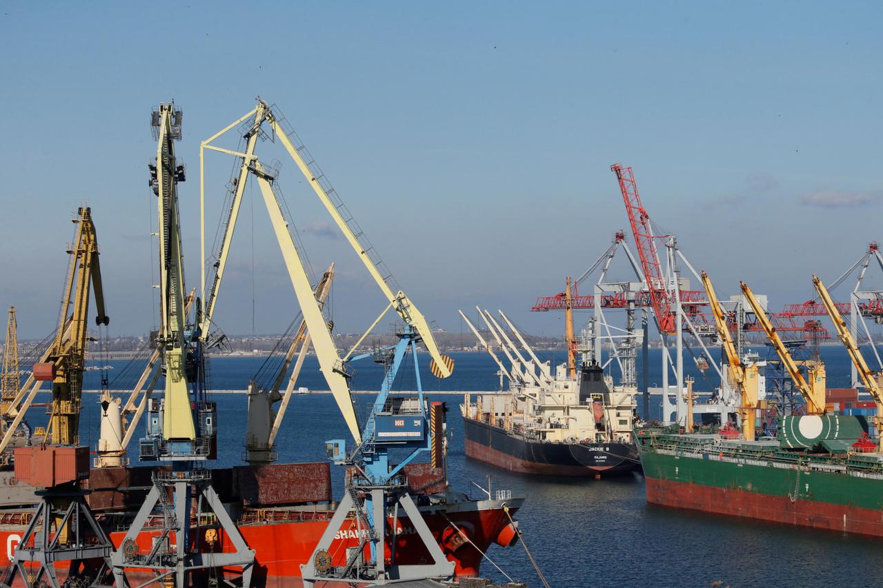 FILE PHOTO: Cargo ships are docked in Black sea port of ODESSA