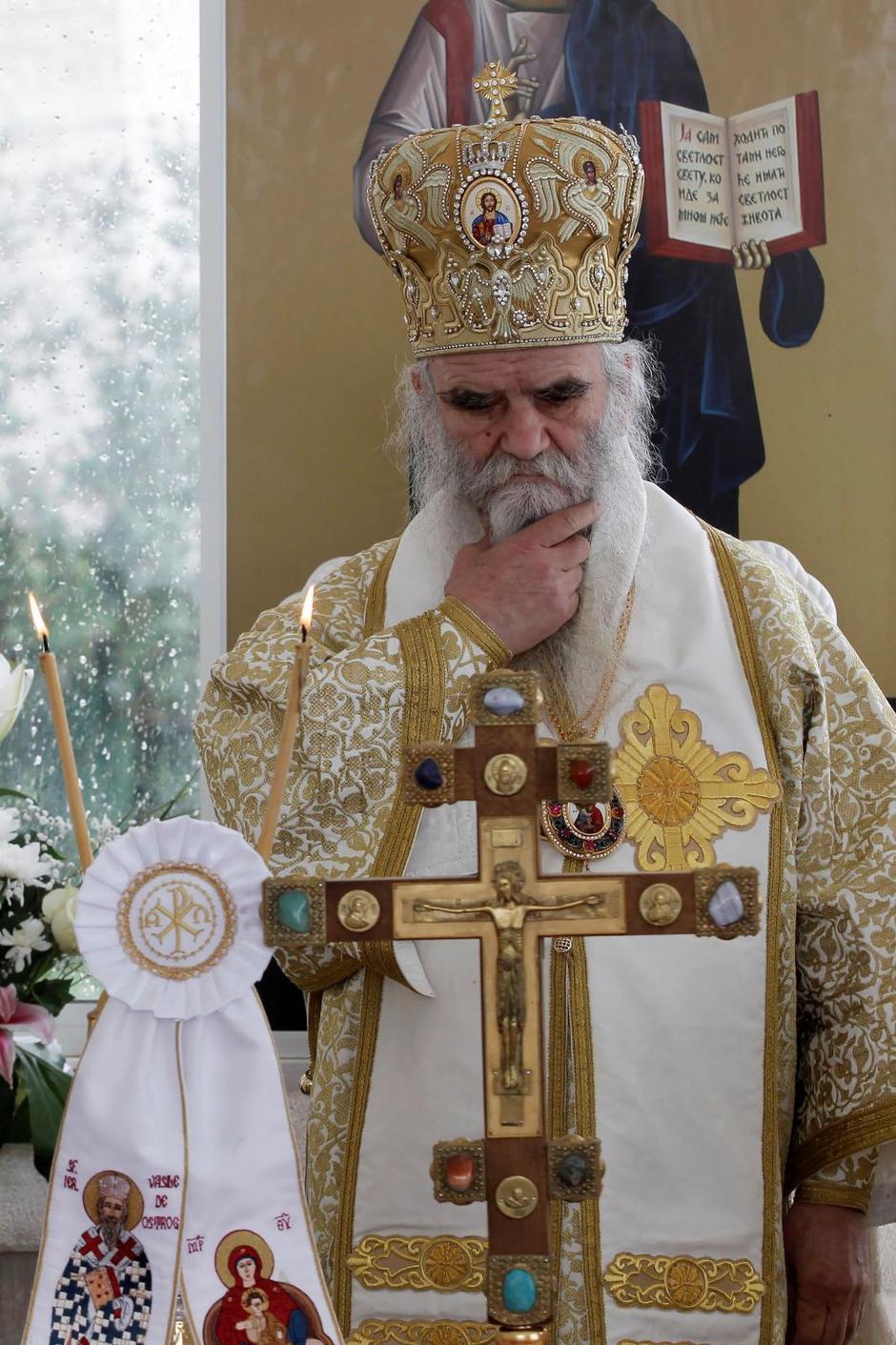 Metropolitan Amfilohije leads a prayer at Ostrog Monastery amid coronavirus restrictions, in Niksic