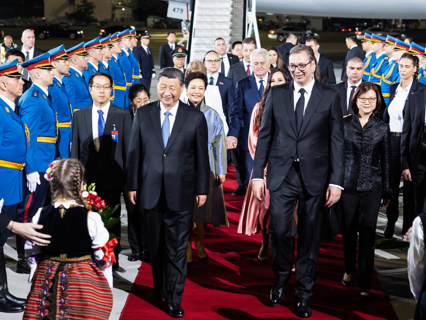 (240507) -- BELGRADE, May 7, 2024 (Xinhua) -- Chinese President Xi Jinping arrives in Belgrade for a state visit to Serbia at the invitation of Serbian President Aleksandar Vucic, May 7, 2024. Xi was warmly welcomed by President Vucic and his wife, Tamara Vucic, at Belgrade Nikola Tesla Airport upon arrival. (Xinhua/Huang Jingwen) Photo: Huang Jingwen/XINHUA