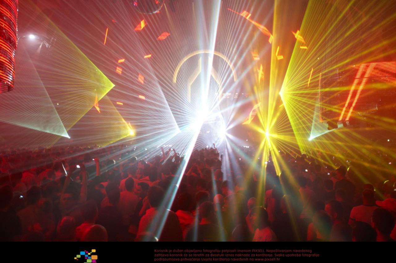 'A huge party with laser beams and light effects takes place in the night to 01 May 2010 in the Westfalenhalle in Dortmund, Germany. More than 50 DJs performed at the 19th \'Mayday\' party in the West